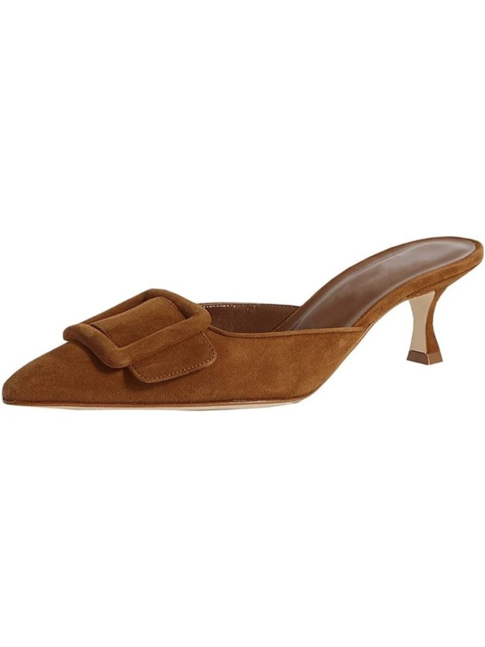 Women's Brown Heeled Mules Pointed Toe Slingback Pumps Buckle Kitten Heels Shoes